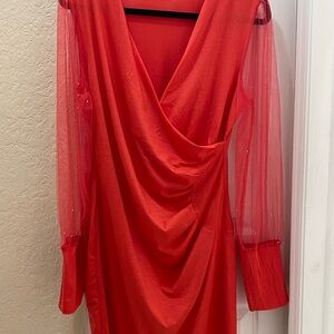 Elegant Red Draped Dress with Sheer Sleeves